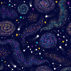 Galaxy seamless deep violet pattern with colorful nebula, constellations and stars - 250623907