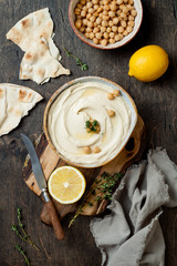 Homemade hummus with thyme, olive oil. Middle Eastern traditional and authentic arab cuisine. Top...