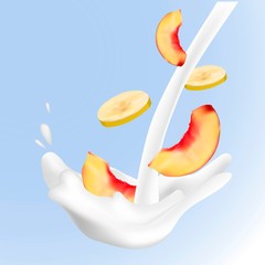 Fototapeta na wymiar Realistic banana and peach sweet milk splashes.