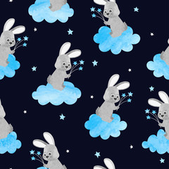 Seamless childish night pattern with cute watercolor bunny on the cloud.