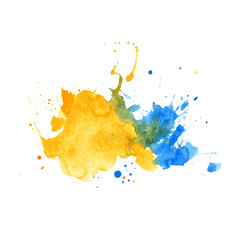 Blue yellow watercolor splash on white background. Vector