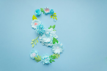 March 8 Women's Day card with blue paper flowers