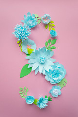 March 8 Women's Day card with blue paper flowers
