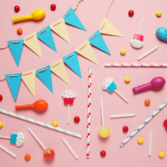Minimal happy birthday decor for party. Sweet candy, balloons, straw.