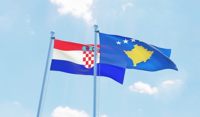 Kosovo and Croatia, two flags waving against blue sky. 3d image