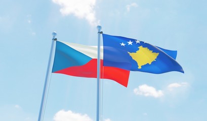 Kosovo and Czech Republic, two flags waving against blue sky. 3d image