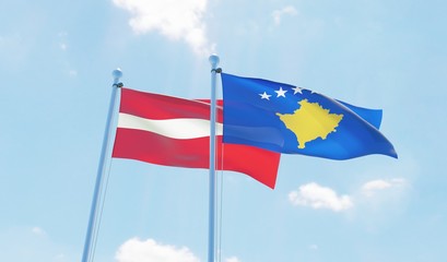 Kosovo and Latvia, two flags waving against blue sky. 3d image