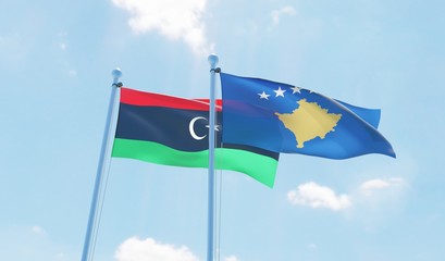 Kosovo and Libya, two flags waving against blue sky. 3d image
