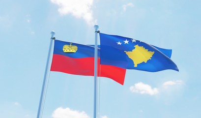 Kosovo and Liechtenstein, two flags waving against blue sky. 3d image