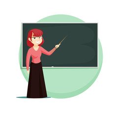 Red-haired teacher stands with a pointer in the classroom at the blackboard