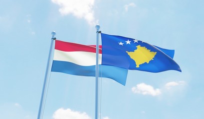 Kosovo and Netherlands, two flags waving against blue sky. 3d image