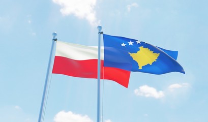 Kosovo and Poland, two flags waving against blue sky. 3d image