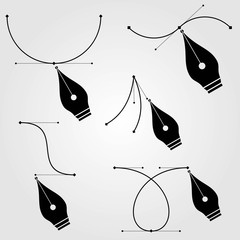 Set of Pen tool cursors and curve control points, isolated on white background. Vector illustration