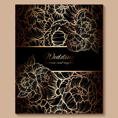 Antique royal luxury wedding invitation, gold on black background with frame and place for text, lacy foliage made of roses or peonies with shiny gradient