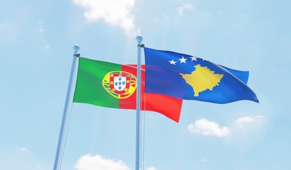 Kosovo and Portugal, two flags waving against blue sky. 3d image