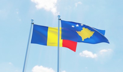 Kosovo and Romania, two flags waving against blue sky. 3d image