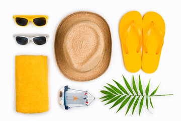 Tropical beach items and travel symbols isolated on white background