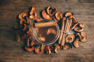Fruit compote stewed fruit drink on the kitchen table, top view photo