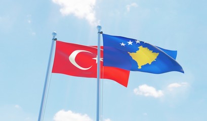 Kosovo and Turkey, two flags waving against blue sky. 3d image