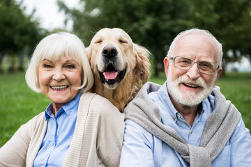 happy senior couple with adorable golden retriever dog in park