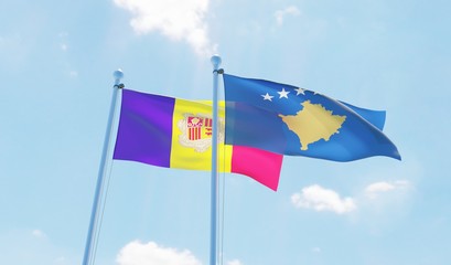 Kosovo and Andorra, two flags waving against blue sky. 3d image