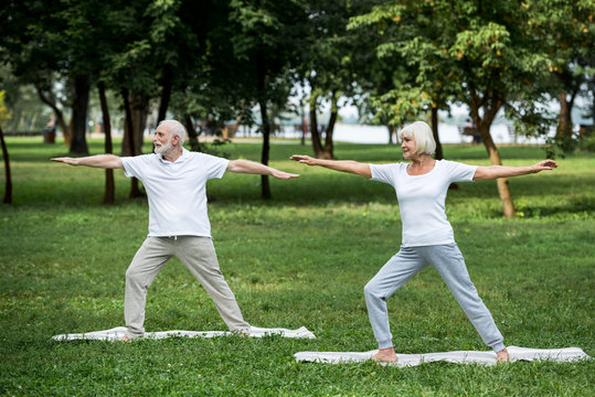 senior couple practicing warrior II poses while standing on yoga mats
