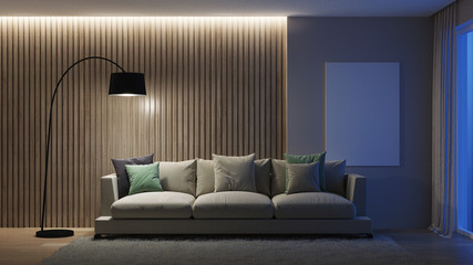 Modern house interior. Night. Evening lighting. 3D rendering. - 250629558