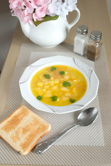 food soup noodles with potatoes and pasta in chicken broth is very tasty beautiful and healthy