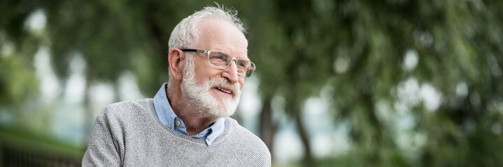 Happy smiling senior man in grey pullover and glasses in park - obrazy, fototapety, plakaty