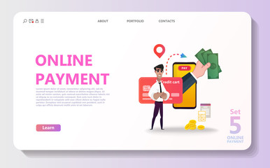 Online payment concept illustration set. Internet payments, protection money transfer, online bank. Happy character. Screen gadget, money, wallet. Use for banner, mobile app, landing page - Vector