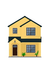 Two storey suburban or city house with walls of yellow color and potted plants front view