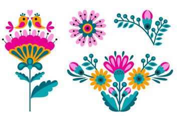 flower ethnic decoration. Fashion mexican, navajo or aztec, native american ornament.  Colored vector design element for frame and border, textile, fabric or paper print. Vector illustration
