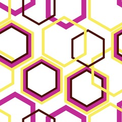 Geometric vector seamless pattern. Different size pink, yellow and brown rhombuses on white background for textile, wallpaper, wrapping, web, carton, print, banner, ceramic tile.
