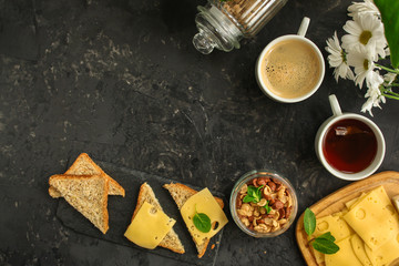 breakfast or snack (coffee, yogurt, cheese, sandwiches, cornflakes and more). Food background.