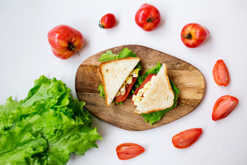 Fototapeta na wymiar Delicious sandwiches: scramble egg, tomatoes and cheese. Light and healthy snack. Top view and flat lay.