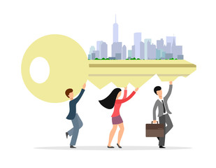 Obraz premium Characters carry the key to the property where the skyscrapers of the city are located. Vector illustration