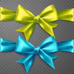 Set of realistic yellow and blue bows, decorations for your design on a transparent background, vector illustration