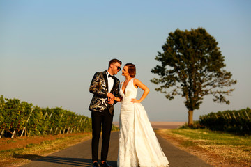 Beautiful wedding couple posing in nature