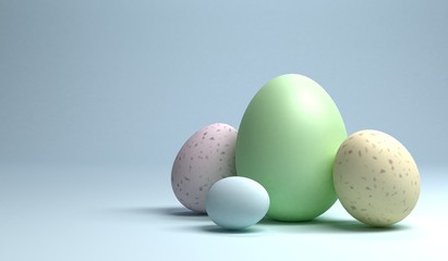 A group of easter eggs on light blue background, 3d rendering