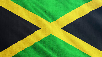 Jamaica flag is waving 3D illustration. Symbol of Jamaican national on fabric cloth 3D rendering in full perspective.