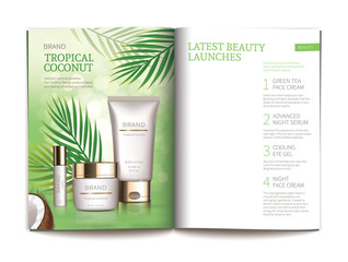 Vector template for glossy cosmetic magazine. Magazine or catalog spread, page with natural cosmetics made from tropical coconut next to palm leaves and blank page for new skin care complex