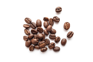 Roasted coffee beans isolated on white background. Close-up.