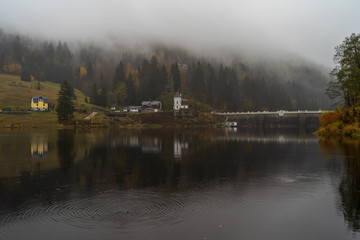 Fototapeta premium View of Elbe river and surrounding mountains - Giant Mountains (Krkonose). Small town of Spindleruv Mlyn and Labska village. Czech Republic.