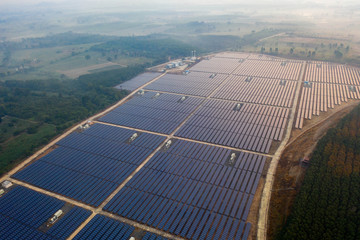 Aerial view of Solar Panels Farm. Alternative energy, clean energy.