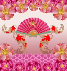 Cherry blossom and fish Japaneses concept in paper cut style- seamless pattern -vector