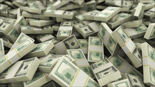 100 dollar bills camera movement with depth of field. 3D Animation