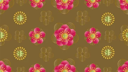 Fotobehang Tropische Bladeren Japaneses concept in paper cut style- Cherry blossom seamless pattern -vector  © Amazing 