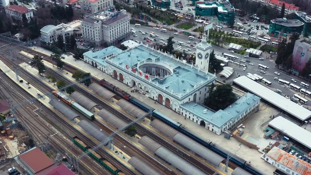 Aerial photography with a drone Sochi train station. The Central attraction of the city of Sochi. Transport hub. City centre