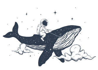 Astronauta i wieloryb w chmurach - 250641959