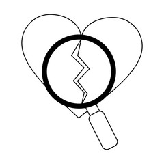 heart broken and magnifying glass black and white